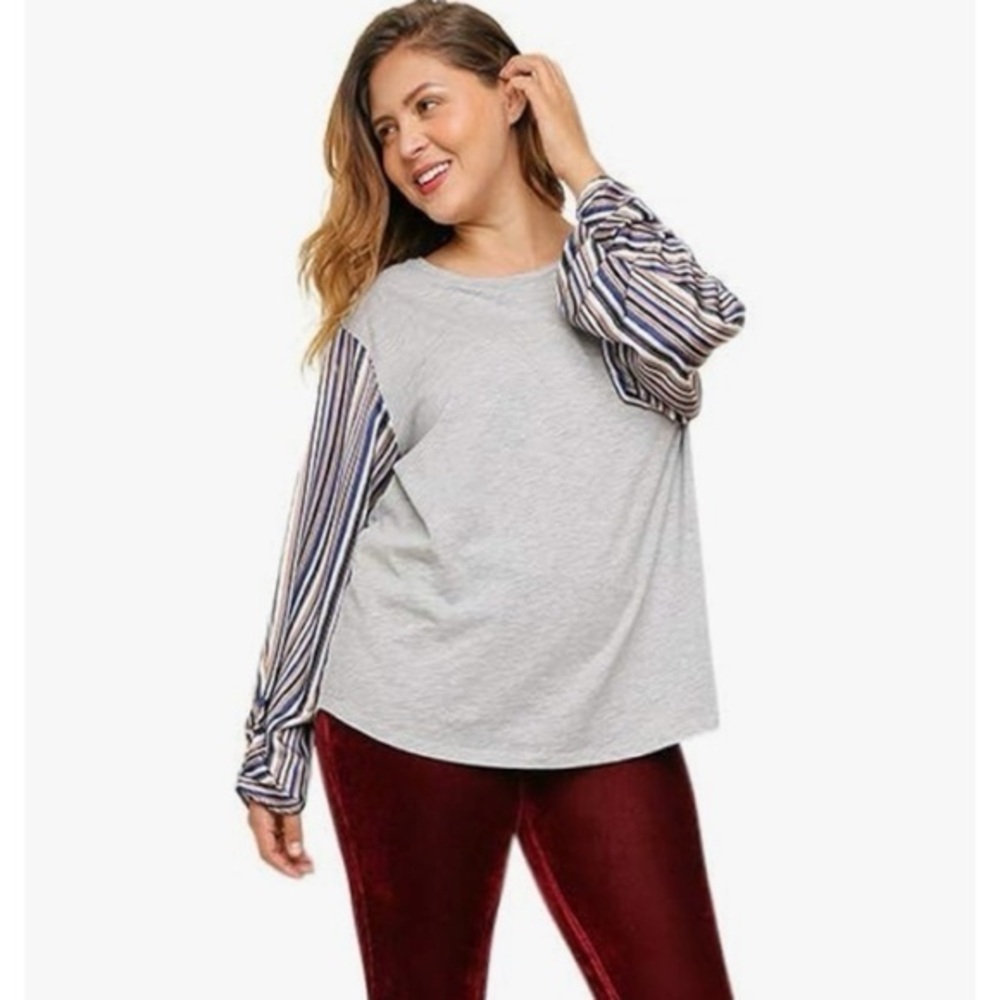 Umgee Women's Heather Gray Satin Striped Sleeve Top EUC XL #1103